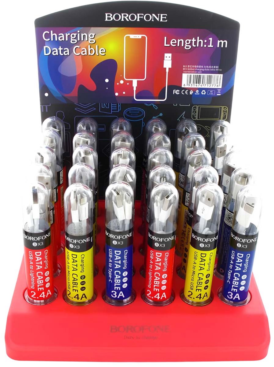 Borofone, Set van 30 stuks USB-C / Micro USB / Lightning-kabels op display, Rood