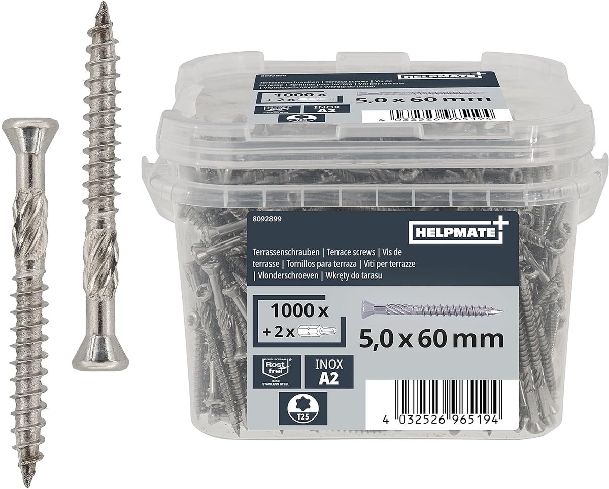 HELPMATE – Terrasschroeven 5x60 roestvrij staal A2 roestvrij – 1000 stuks plankenschroeven + 2 T25-bits – Terrasschroeven voor buitengebruik (terrasbouw, tuinhuisjes, houtconstructies enz.)