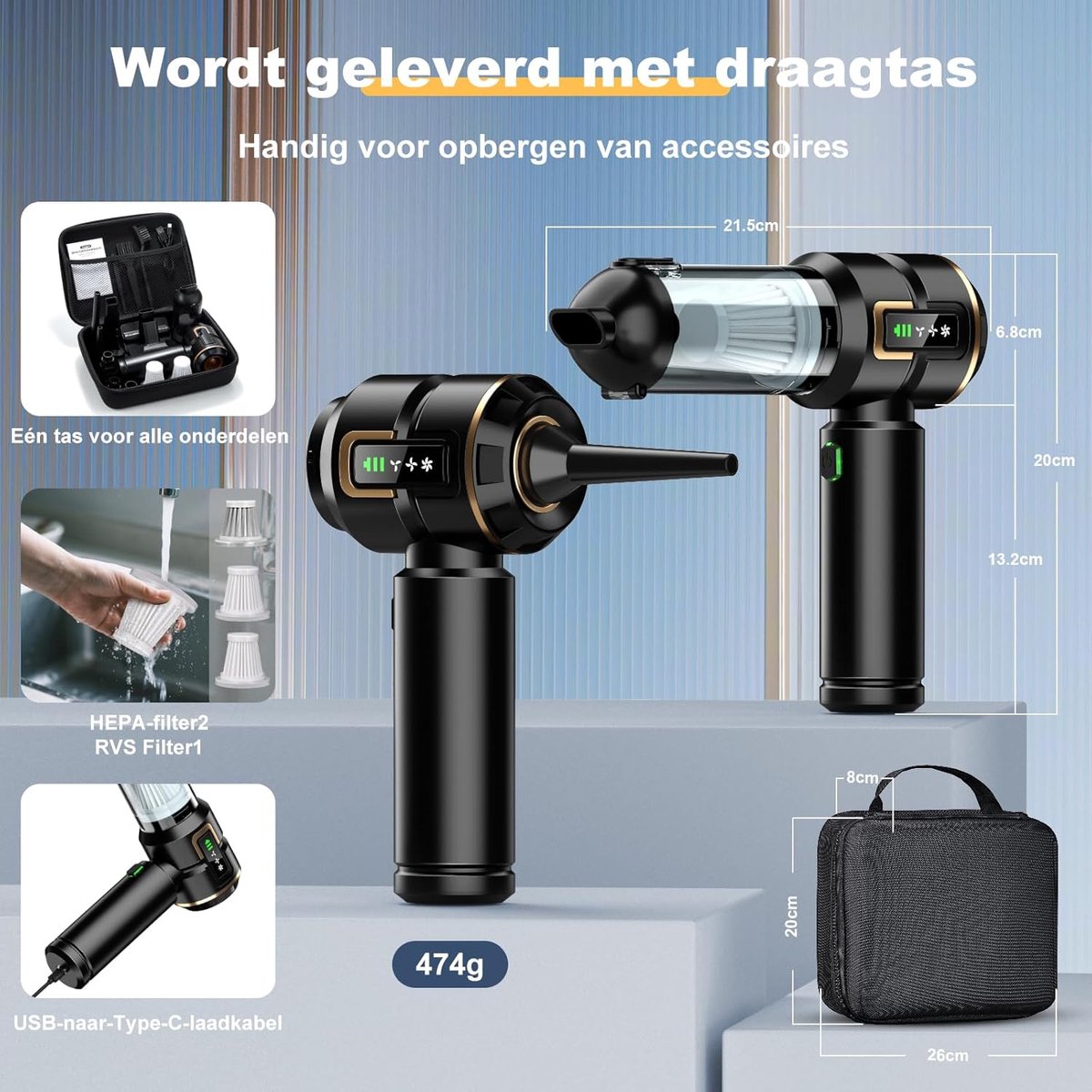 Draadloze Handstofzuiger 28000Pa 4-in-1 Mini Stofzuiger met LCD Display - afbeelding 3