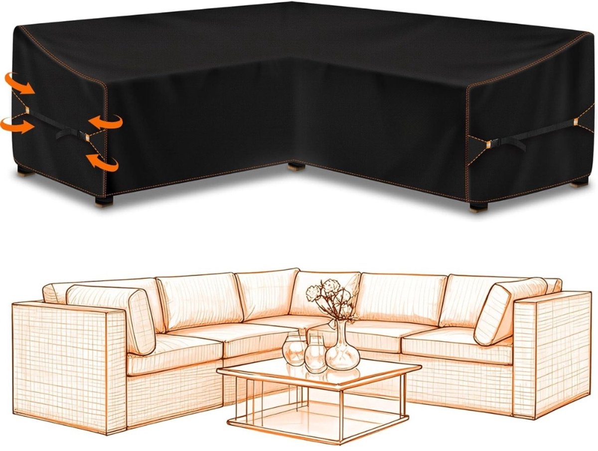 Famanu Tuinmeubelhoes - L-vorm - beschermhoes voor tuinmeubelen - waterdicht - winddicht - afdekzeil voor outdoor hoekbank - hoekloungegroep - loungemeubel - rechthoekige afdekhoes - 255 x 255 x 87 cm Zwart
