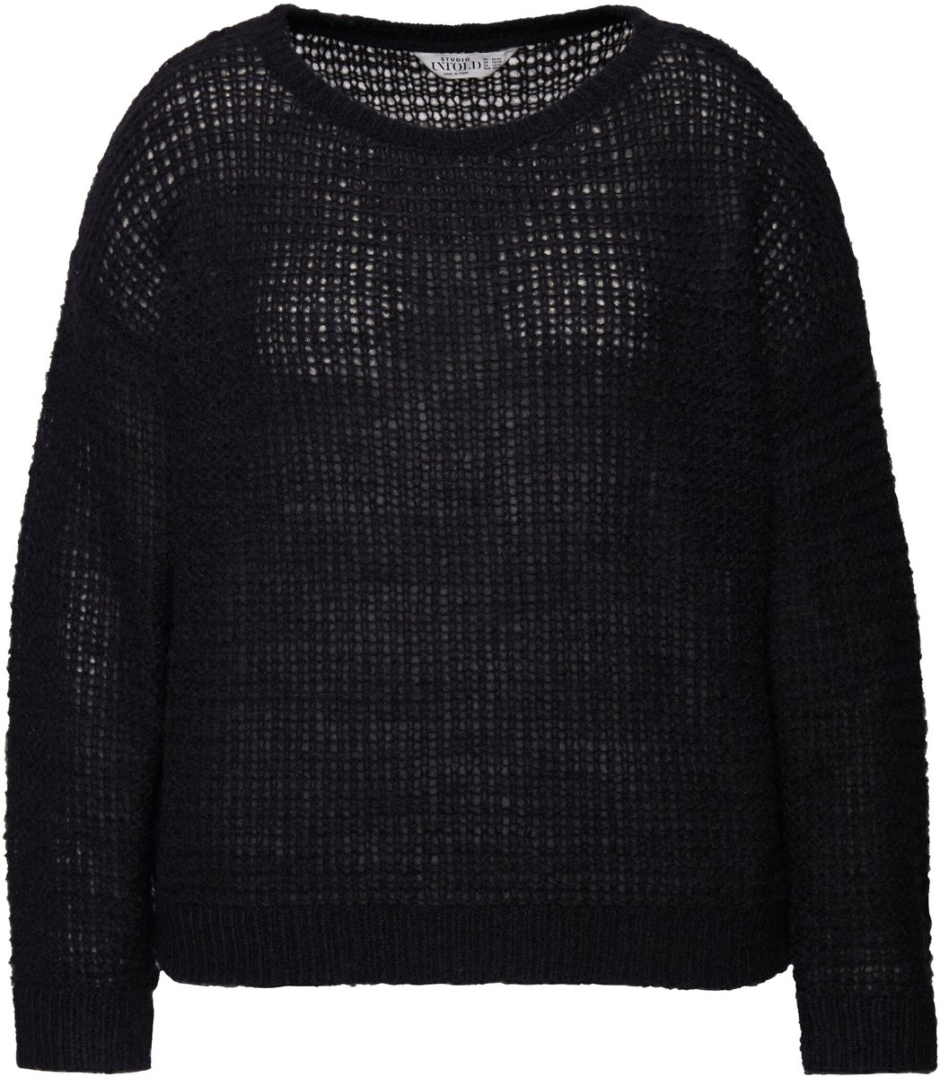 Studio Untold - Dames - Trui boxy fit opengewerkt breisel ronde hals - Zwart - Maat 42+