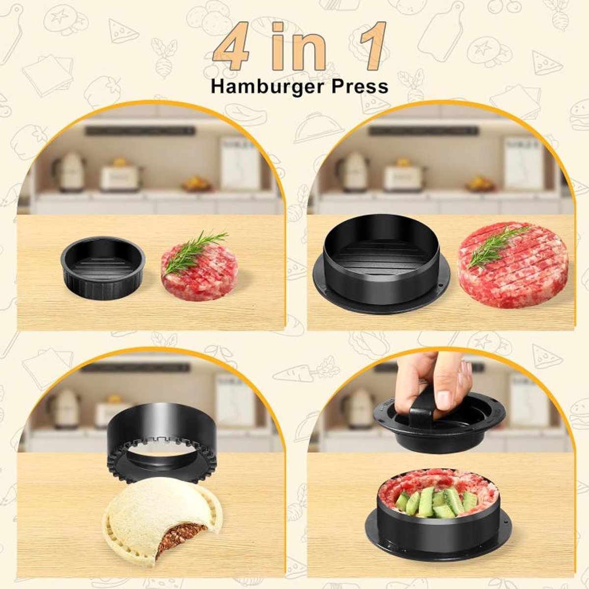 4-in-1 Burger Maker: Burgervorm, miniburgervorm en 100 papieren bordjes inbegrepen.