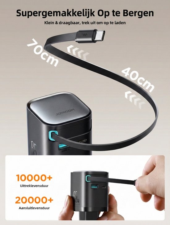 Joyroom GaN-oplader met platte kabel van 70 cm en 40 cm, en detail van poorten.