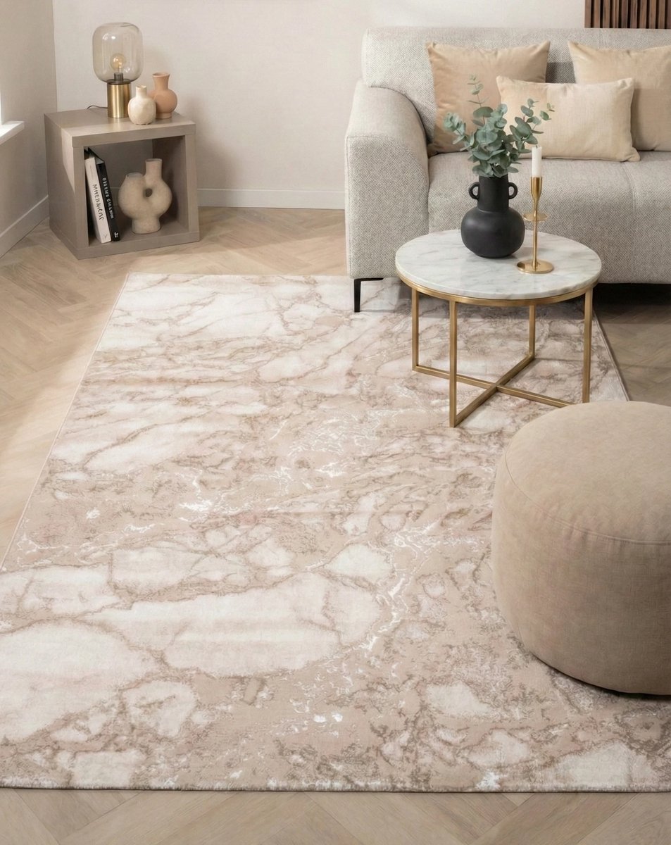 Flycarpets Marble Laagpolig Marmer Vloerkleed - Beige - Luxe Tapijt - 160x230 cm