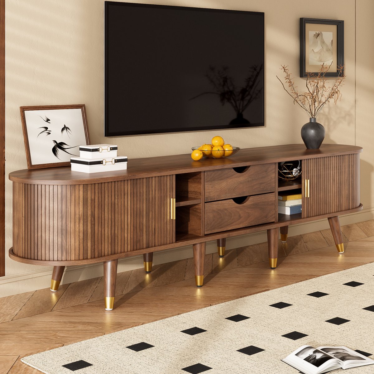 MIVRAY Tv Meubel - Rattan Schuifdeur Met Opbergvakken En Lades - Landelijke Uitstraling Voor Woonkamer - 175x38x45 cm - MDF - Walnoot Houtkleur