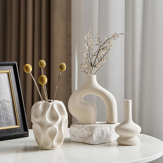 Set van 3 Boho Keramische Vazen – Moderne Scandinavische Rond en Donut Vormige Decoratieve Vazen voor Woonkamer en Tafel