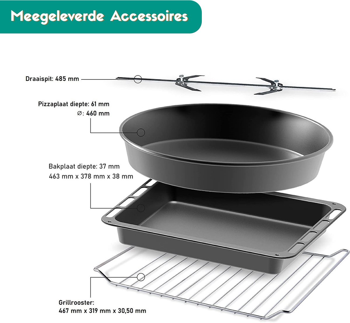 Merkador XXL Vrijstaande Oven - 70 Liter - 2000 Watt - Hetelucht - Draaispit - RVS Afwerking - Gemakkelijk te Reinigen Granieten Binnencoating – foto 7