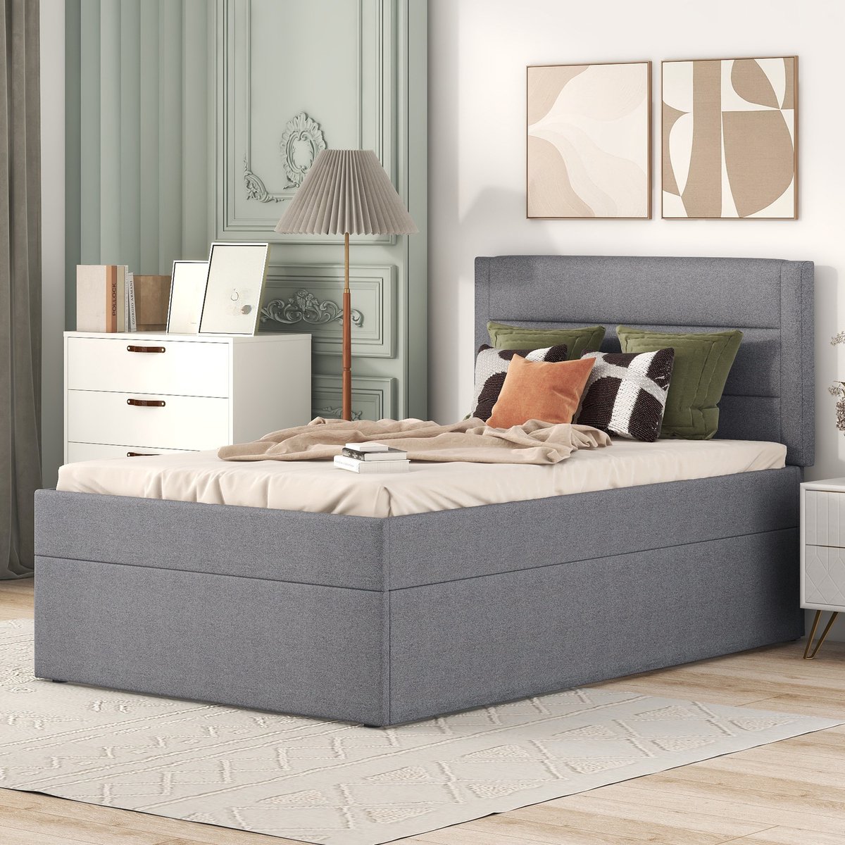 MIVRAY Gestoffeerd Bed 90x200 cm - Eenpersoonsbed Met Opbergruimte Onder Bed - Met Lattenbodem - Linnen En MDF - Grijs - Zonder Matras