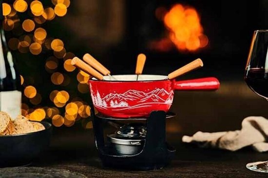 Cosy&Trendy Aspen Fondueset Gietijzer Ø14 cm - Rood - Incl. Brander & 4 Vorkjes - 4 Personen — afbeelding 4