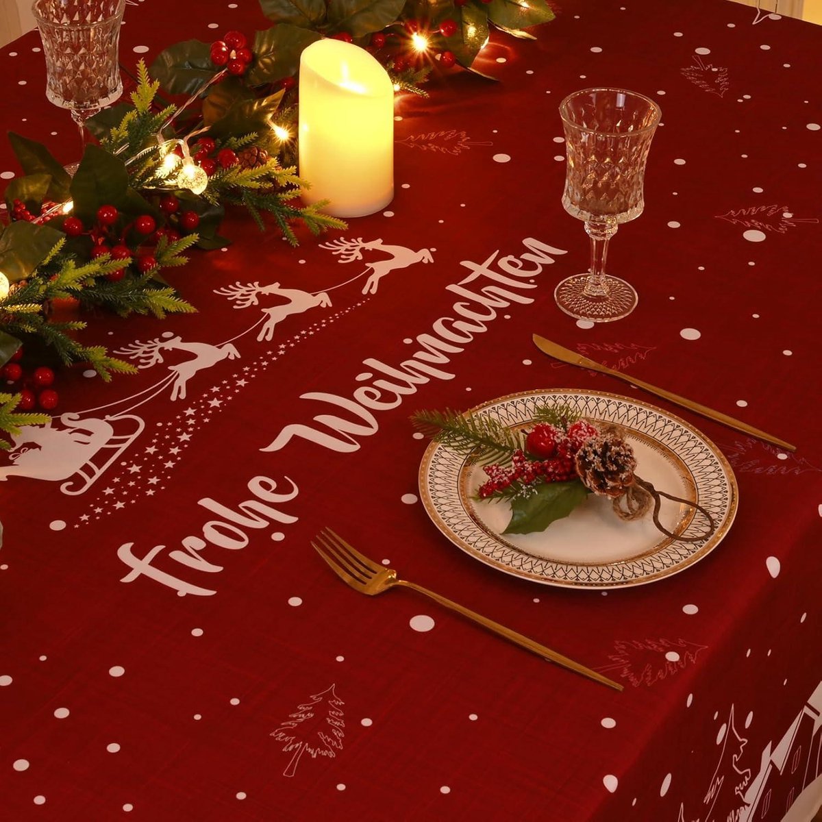 Rood tafelkleed voor winter en kerst, rechthoekig, afwasbaar - 140 x 240 cm