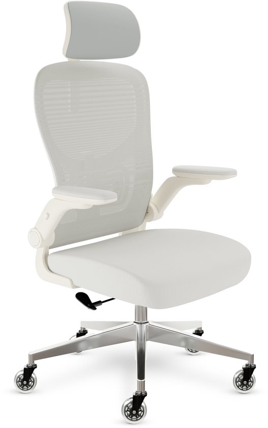 Crèmewitte ergonomische bureaustoel met ademende rugleuning, verstelbare hoofdsteun en opklapbare armleuningen.