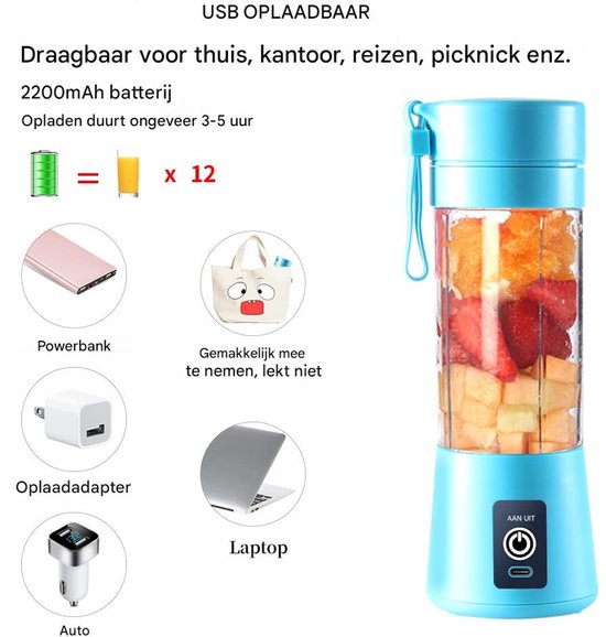 Ynkkvre - Mini-Mixer - Smoothie Maker - Draagbaar Met 6 Klingen En USB-Oplaadbare Batterij - 1 Stuk - Voor Thuis En Onderweg Blauw van Ynkkvre — afbeelding 5