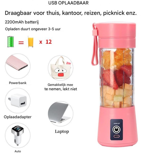 Ynkkvre - Mini-Mixer - Smoothie Maker - Draagbaar Met 6 Klingen En USB-Oplaadbare Batterij - 1 Stuk - Voor Thuis En Onderweg Roze van Ynkkvre — afbeelding 2