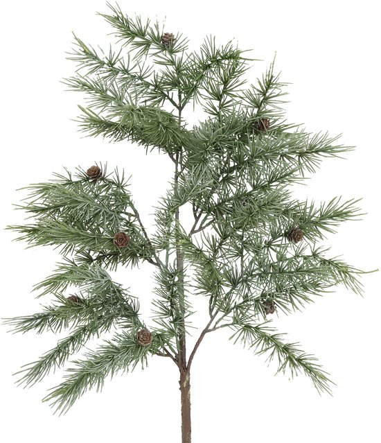Een groene kunsttak van een lork, bedekt met een lichte rijp en versierd met kleine dennenappels.