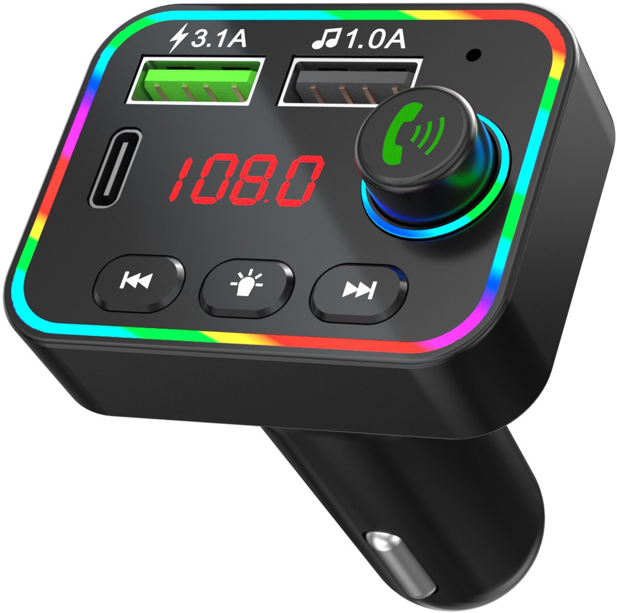Auto Bluetooth FM-zender, 2 USB-poorten, 7-kleurige LED-achtergrondverlichting