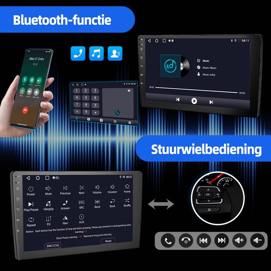 Demonstratie van de bluetooth-functie en stuurwielbediening van de autoradio.