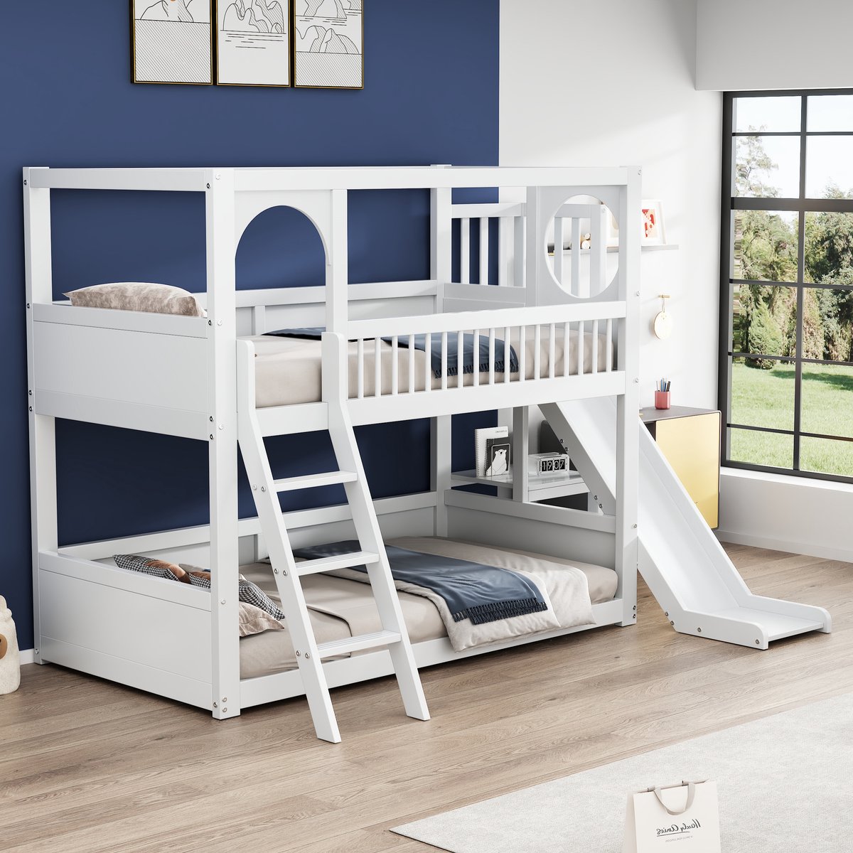 MIVRAY Stapelbed 90x200 cm - Kinderbed Met Glijbaan En Opbergrekken - Met Lattenbodem - Grenenhout En MDF - Wit - Zonder Matras