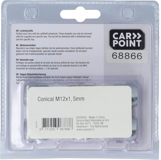Set van 4 diefstalveilige wieldopmoeren met conische M12x1,5mm passing en speciale sleutel.