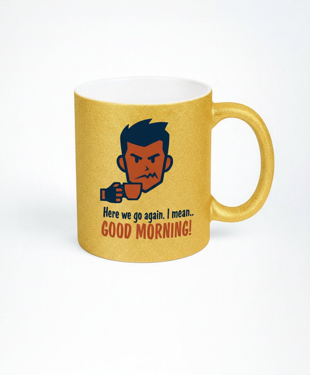 Gouden Koffiemok "Here we go again" - Grappige Morgenmok
