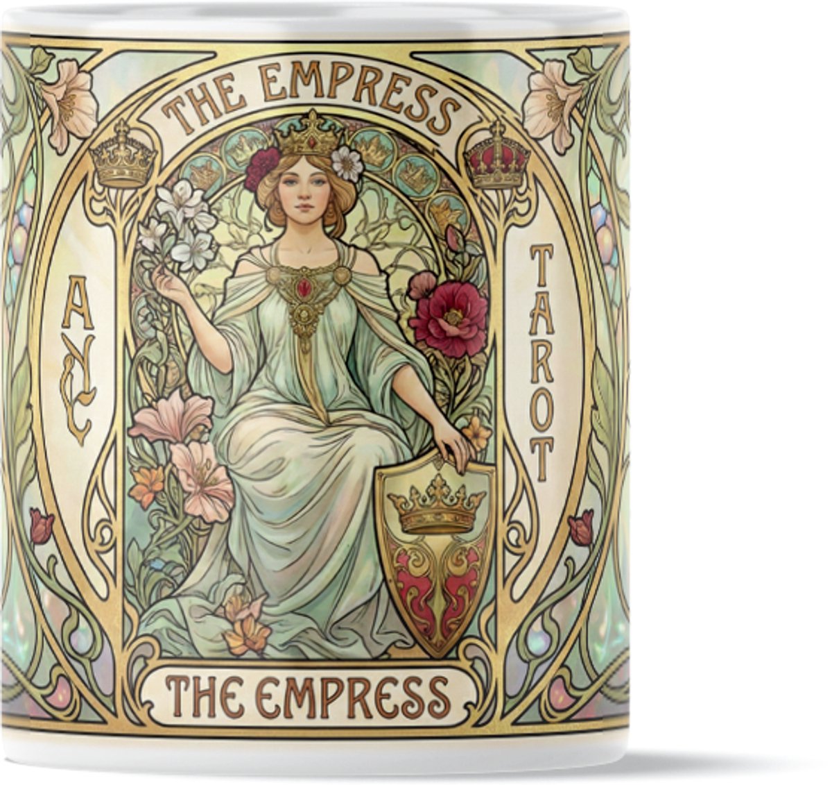 Mystieke Tarot Mok "The Empress" (De Keizerin) – Elegant Art Nouveau Design met Lelies & Goud - Symbool voor Vruchtbaarheid & Overvloed - Spiritueel Cadeau voor Vriendin - Vintage Bloemen Illustratie
