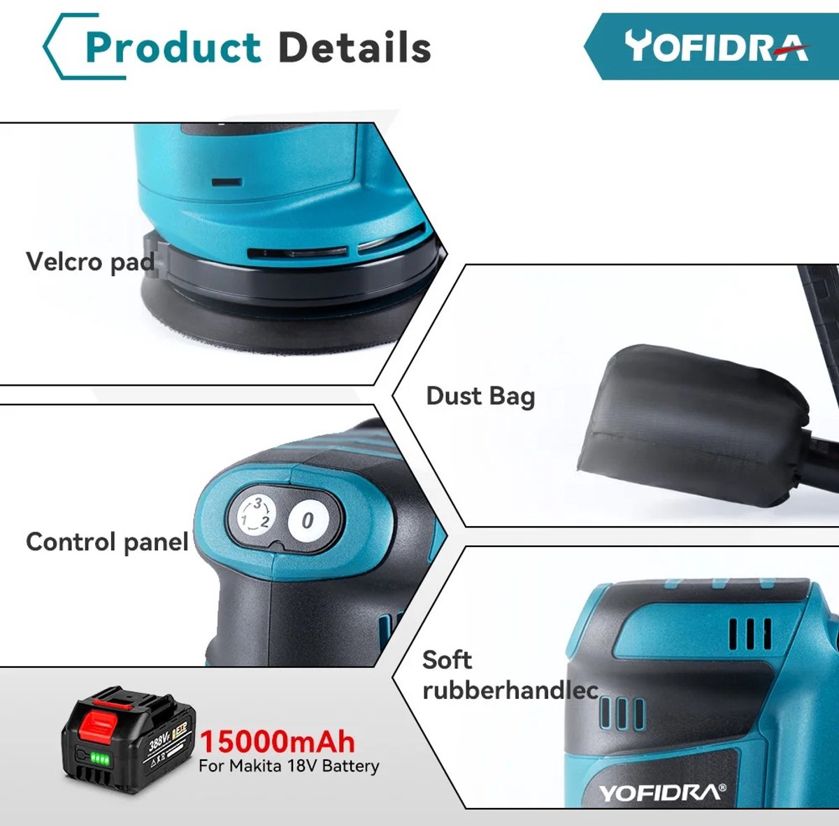 Sensova 125 mm Draadloze Vlakschuurmachine voor Makita Accu met 2 Accu’s, 3 Snelheden 8000–12000 RPM, Schuur- en Polijstmachine voor Houtbewerking en Thuis Doe-Het-Zelf – foto 3