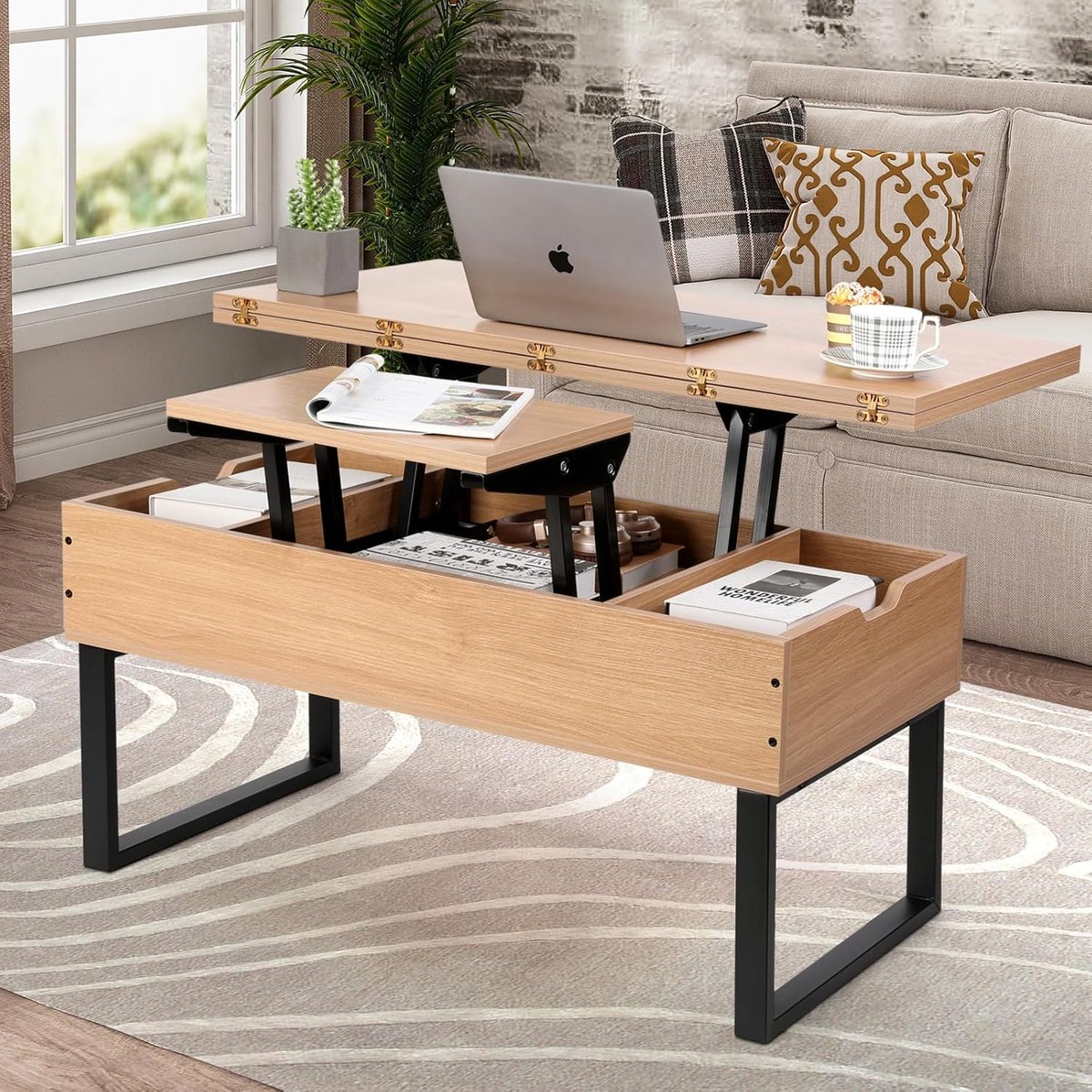 Salontafel verstelbaar in hoogte 3-in-1 met lift-top, verborgen opbergruimte & ombouw tot eettafel 100 x 50 x 49 cm – Pauwhome