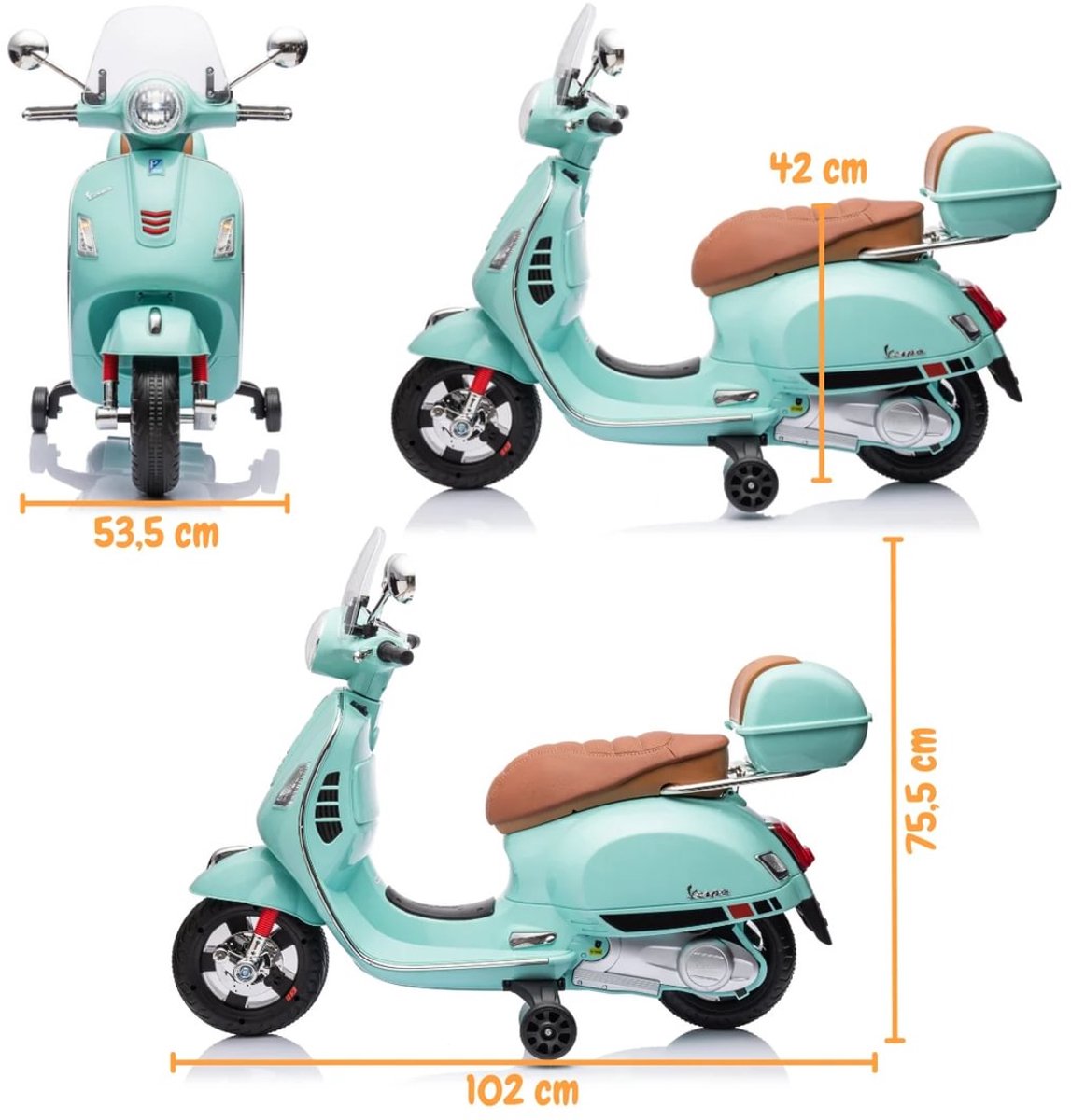 Vespa GT Full Option Elektrische Kinderscooter 3 tot 6 jaar – Officieel Gelicentieerde Kinder Vespa met Kofferbak & Verwijderbare Zijwieltjes – Li-ion Kindermotor met Kunstlederen Zitje, MP3 AUX & USB – Blauw — afbeelding 3