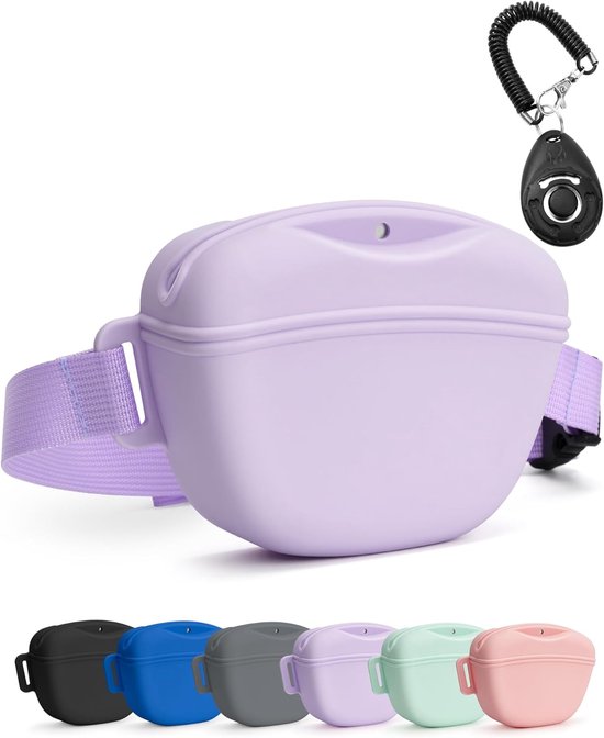 Hondensnoepzakje met trainingsclicker, verbeterde sterkere magnetische sluiting om morsen te voorkomen, 1,67 cup siliconen traktatiezak, heuptasje met heupriem voor huisdiertraining en wandelen, paars