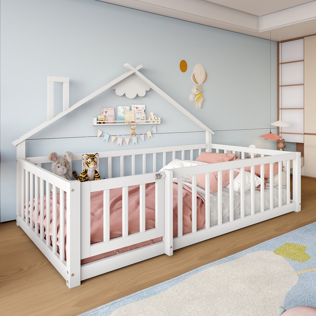 REDOM Kinderbed 90x190 cm van grenenhout/MDF – Huisframe met veiligheidshek – Wit