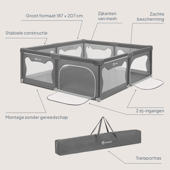 Grijze box met labels die afmetingen (187x207 cm), mesh zijkanten en ingangen aangeven.