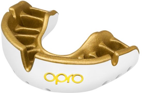 OPRO Gold Ultra Fit bitje. Wit met gouden binnenkant en logo.