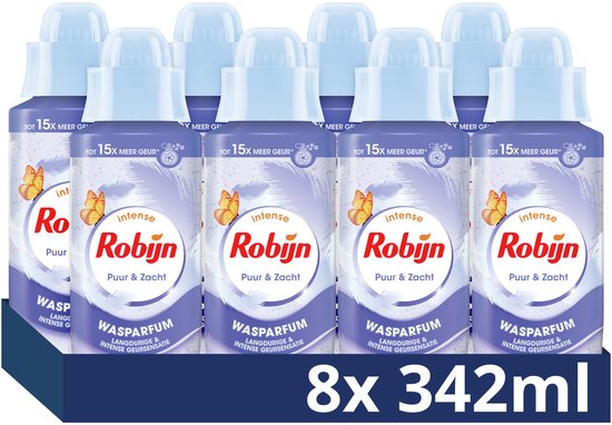 Acht flessen Robijn Intense Wasparfum Puur & Zacht, elk 342ml, met vlinders en veren decoratie.