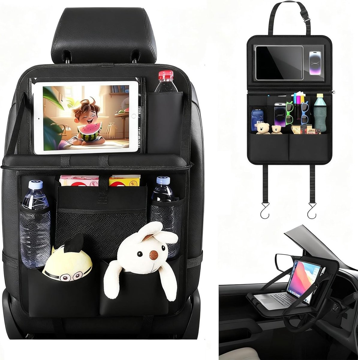 Famanu – Autostoel Organizer - Auto Achterbank Organizer Rugleuningbescherming Kinderen met Opvouwbaar Tafeltje en Tablet/mobiele Telefoon Tas - Multifunctionele Waterdichte Achterbank Autostoelbeschermer