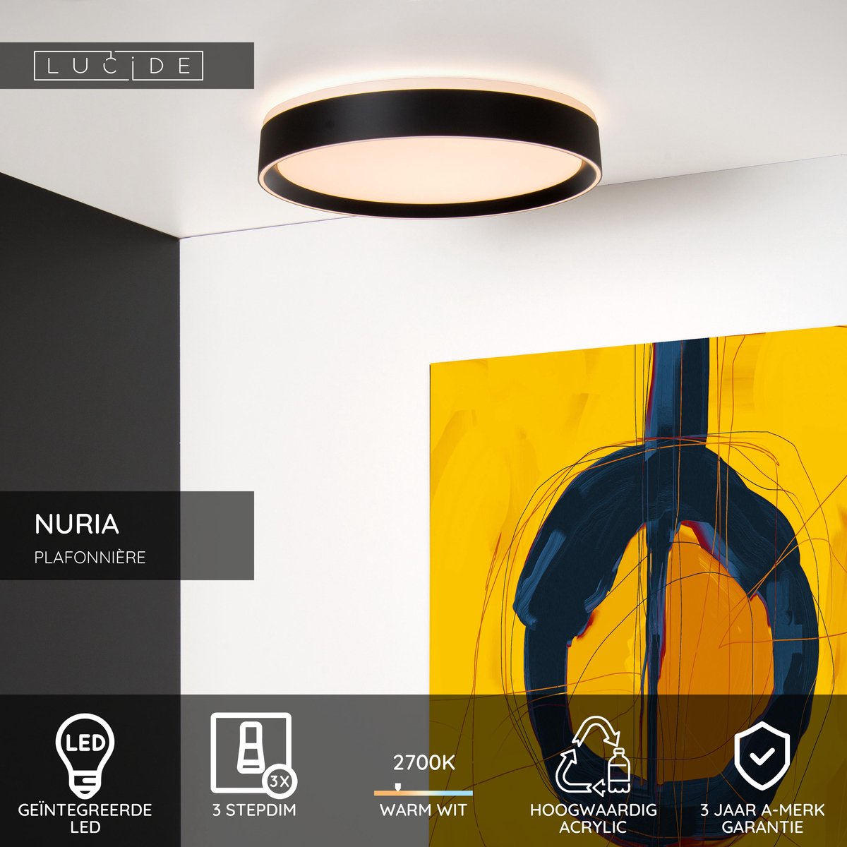 Lucide NURIA - Plafonnière - Ø 30 cm - LED Dimb. - 1x18W 2700K - 3 StepDim - Zwart