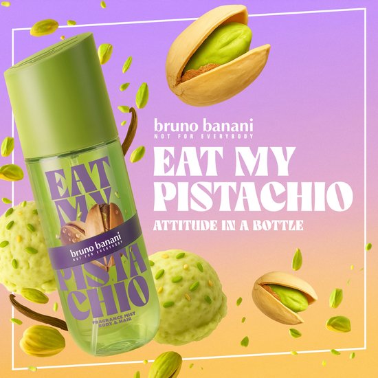 Paarse flacon met "EAT MY PISTACHIO" tussen zwevende pistachenoten.
