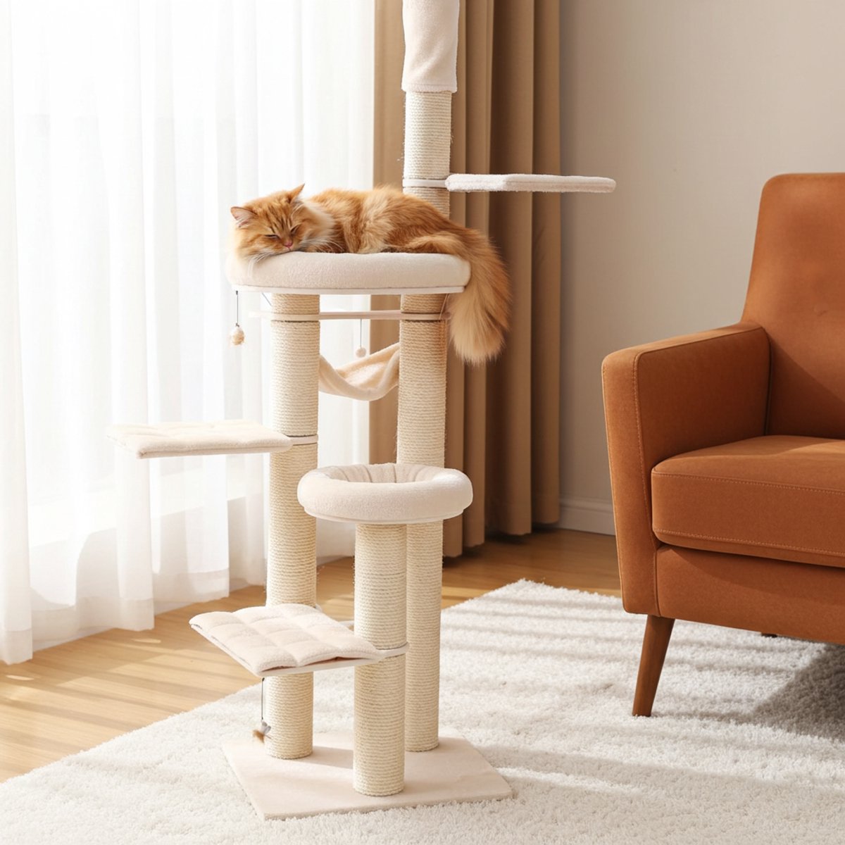 Krabpaal katten - beige - krabmeubel - krabpaal groot - kattenmeubel - 6 Niveaus en totaal 7 ligplekken – foto 4