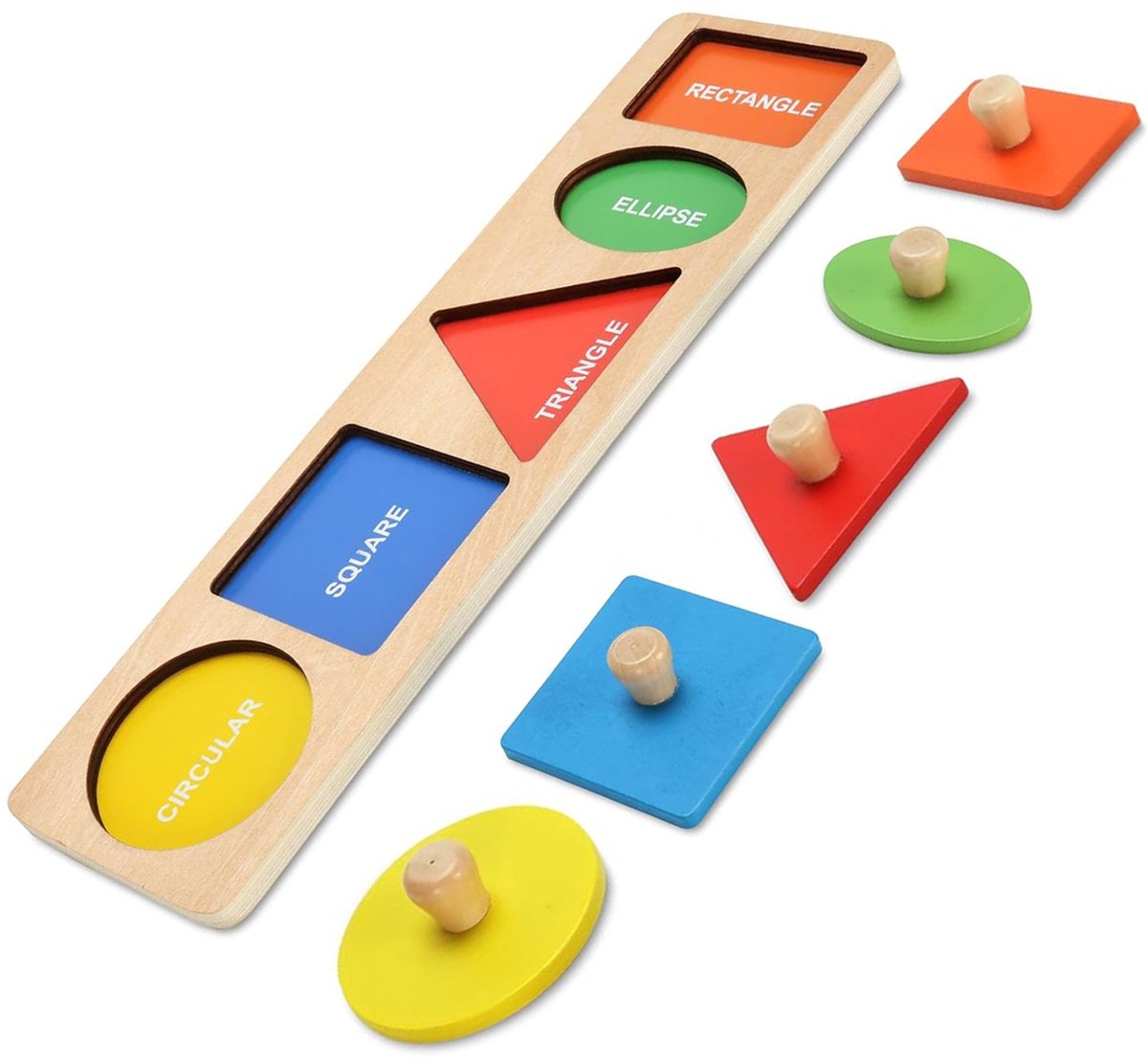 Houten Vormenpuzzel met Grote Knoppen - Montessori Speelgoed - 5 Basisvormen & Kleuren - Educatieve Insteekpuzzel - Peuter 1-3 Jaa