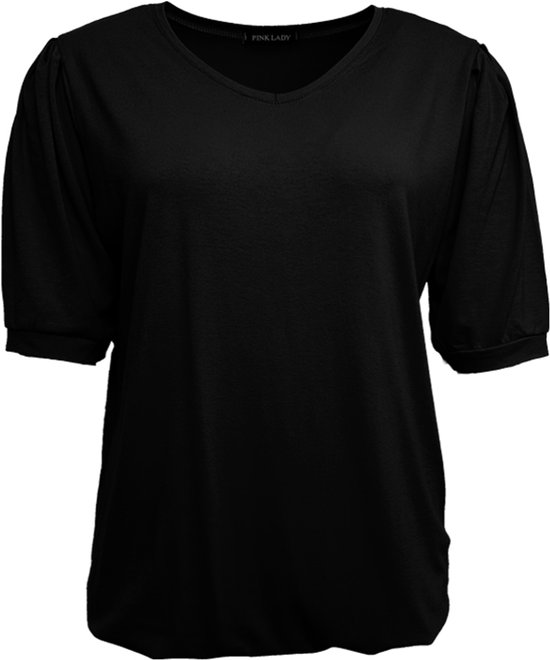 Pink Lady chemise femme - BV116 - uni noir - manches courtes - col en V - taille XXL