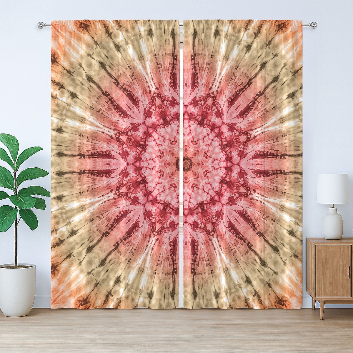 ABAKUHAUS Rustiek stoffen gordijn, Batik Hippie roodbruin, Universele gordijnen met lussen en haken voor de woonkamer, 280 x 175 cm, roodbruin