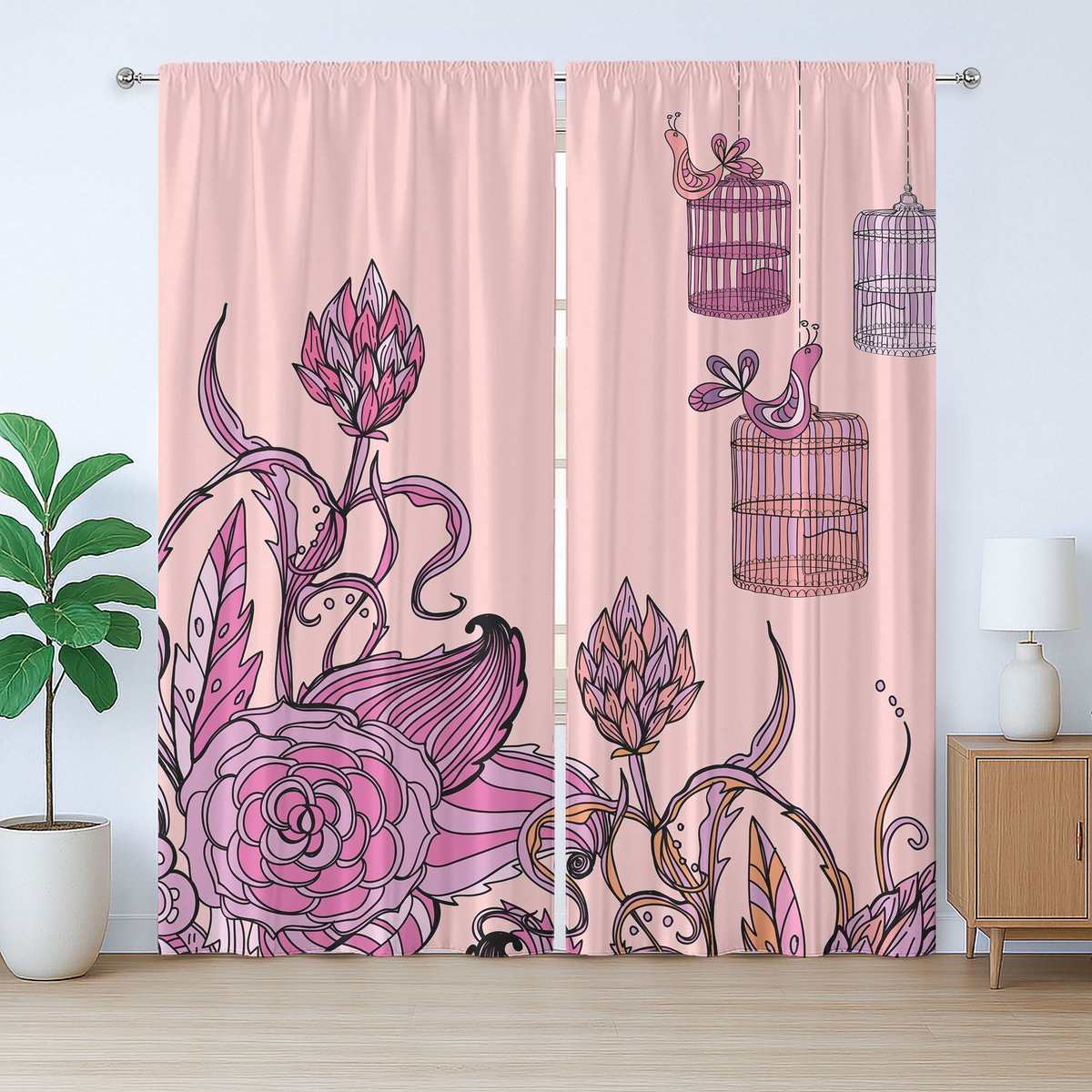 ABAKUHAUS Oranje en Roze Rustiek Gordijn, Vogelkooi Flora, met Bandjes voor de Woonkamer met Lussen en Haken, 280 x 175 cm, Roze Paars