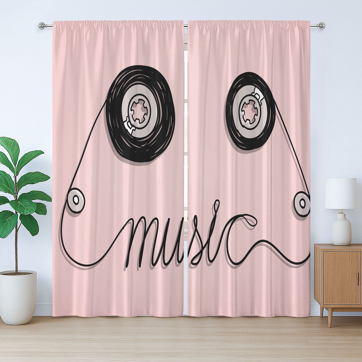 ABAKUHAUS Roze Rustiek Gordijn, Muziekcassette Kunst, Geplooid Gordijn voor de Slaapkamer met Lussen en Haken, 280 x 260 cm, Roze Zwart