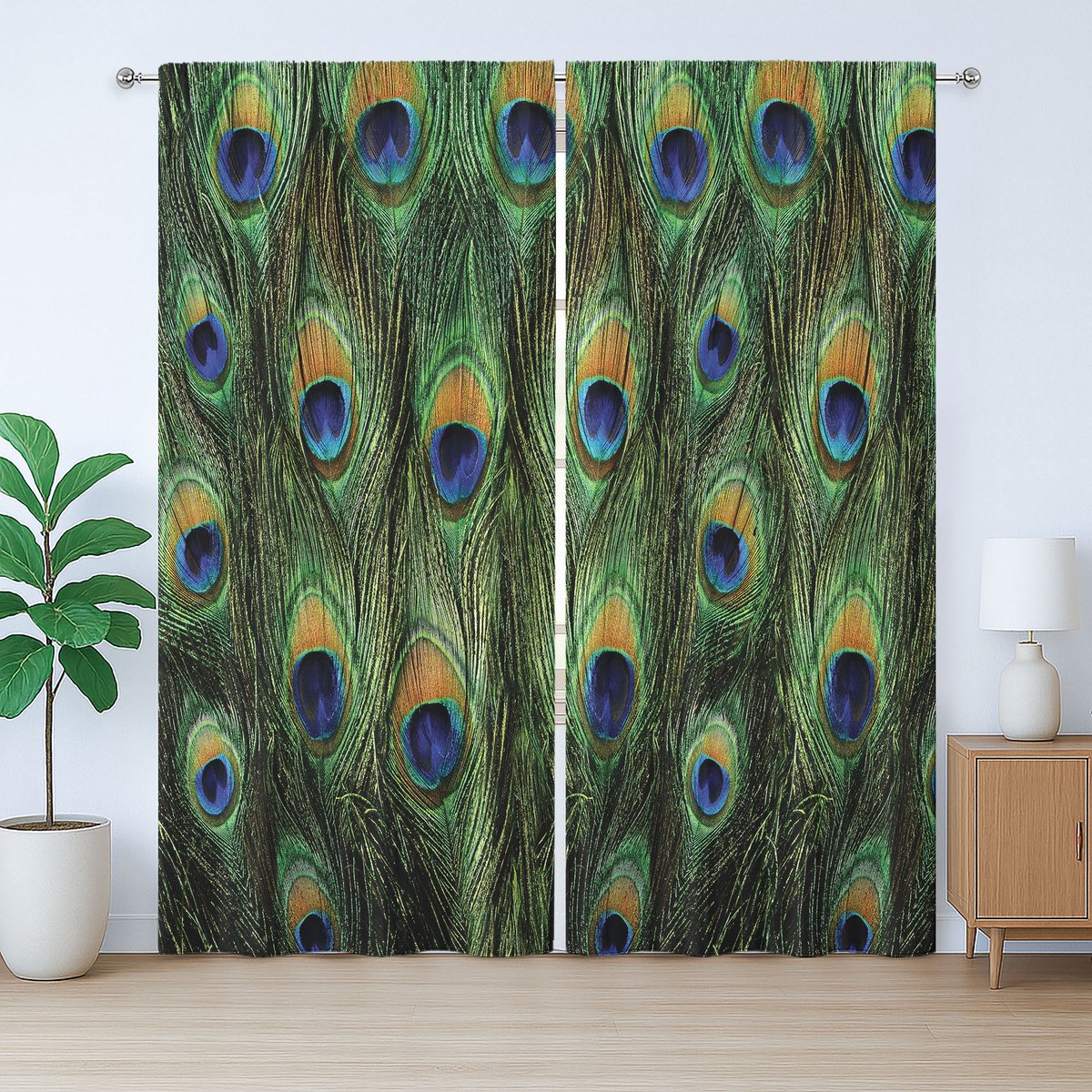 ABAKUHAUS Rustiek gordijn met pauwenmotief, exotische dierenveren, met lussen en haken, 280 x 245 cm, groen mosterd marineblauw