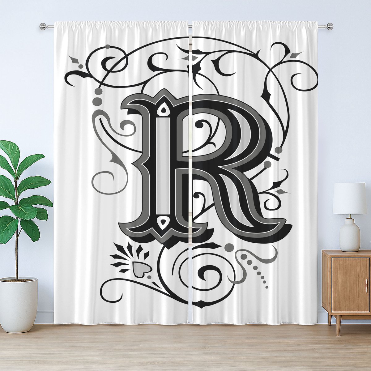 ABAKUHAUS Rustiek gordijn met de letter R, antieke R-typografie, met lussen en haken voor de woonkamer, 280 x 175 cm, zwart wit grijs