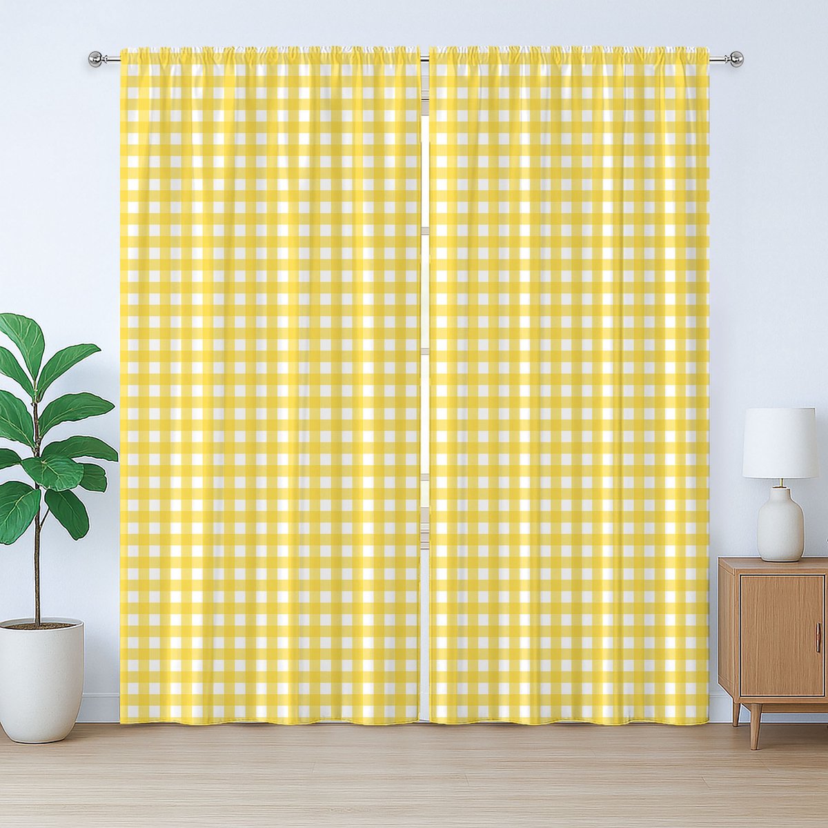 ABAKUHAUS Geruite rustieke gordijnen, retro Engels geel, universele gordijnen met lussen en haken voor de woonkamer, 280 x 175 cm, geel wit