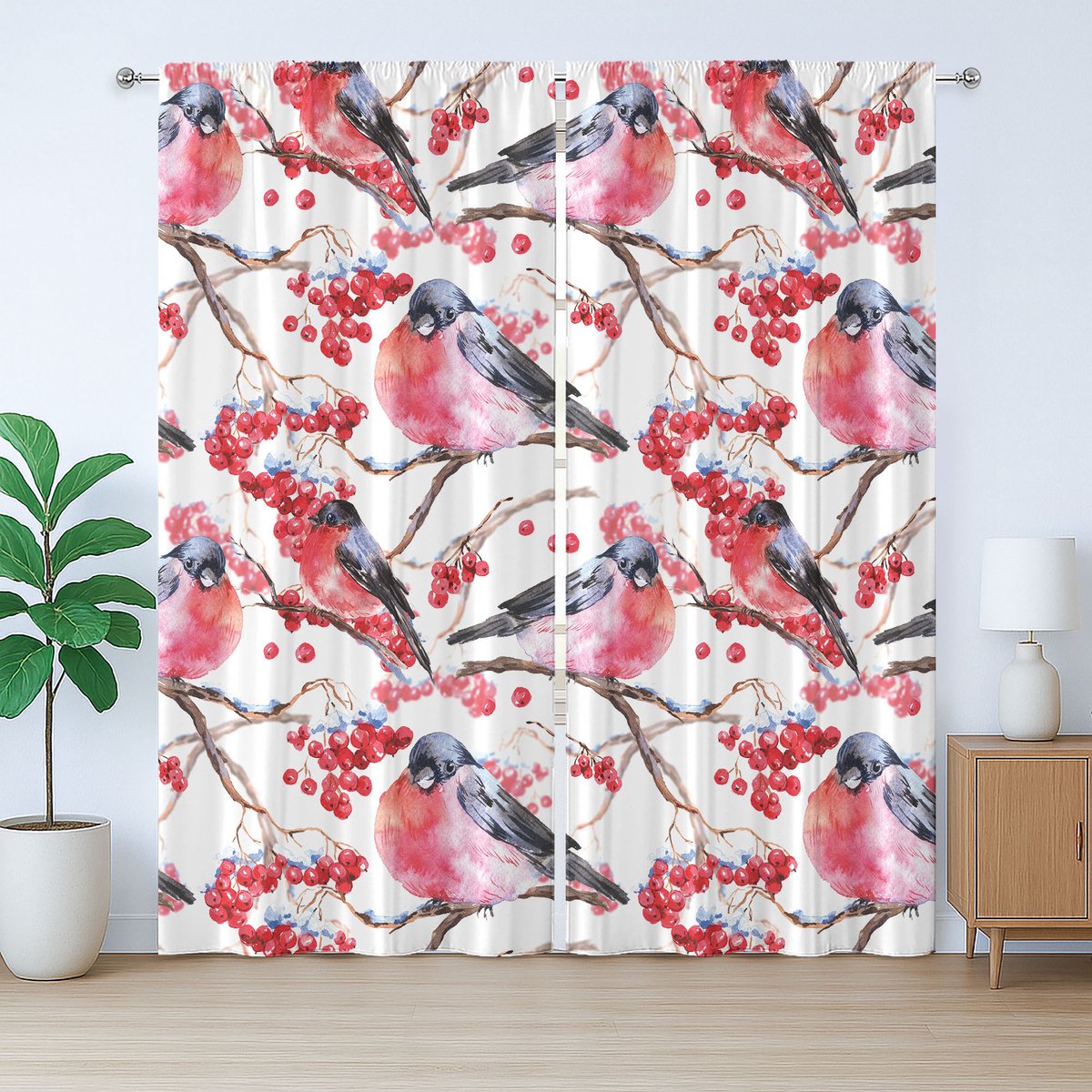 ABAKUHAUS Natuurlijk rustiek gordijn, vogels, takken, bessen, met lussen en haken voor de woonkamer, 280 x 175 cm, grijs, rood