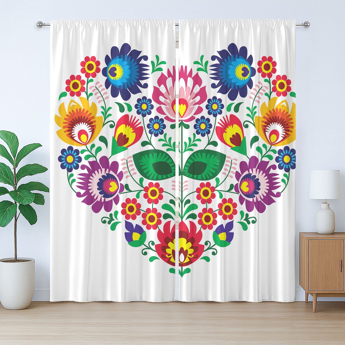 ABAKUHAUS Poolse volkskunst, rustiek gordijn, Slavisch bloemenhart, met lussen en haken voor de woonkamer, 280 x 245 cm, veelkleurig
