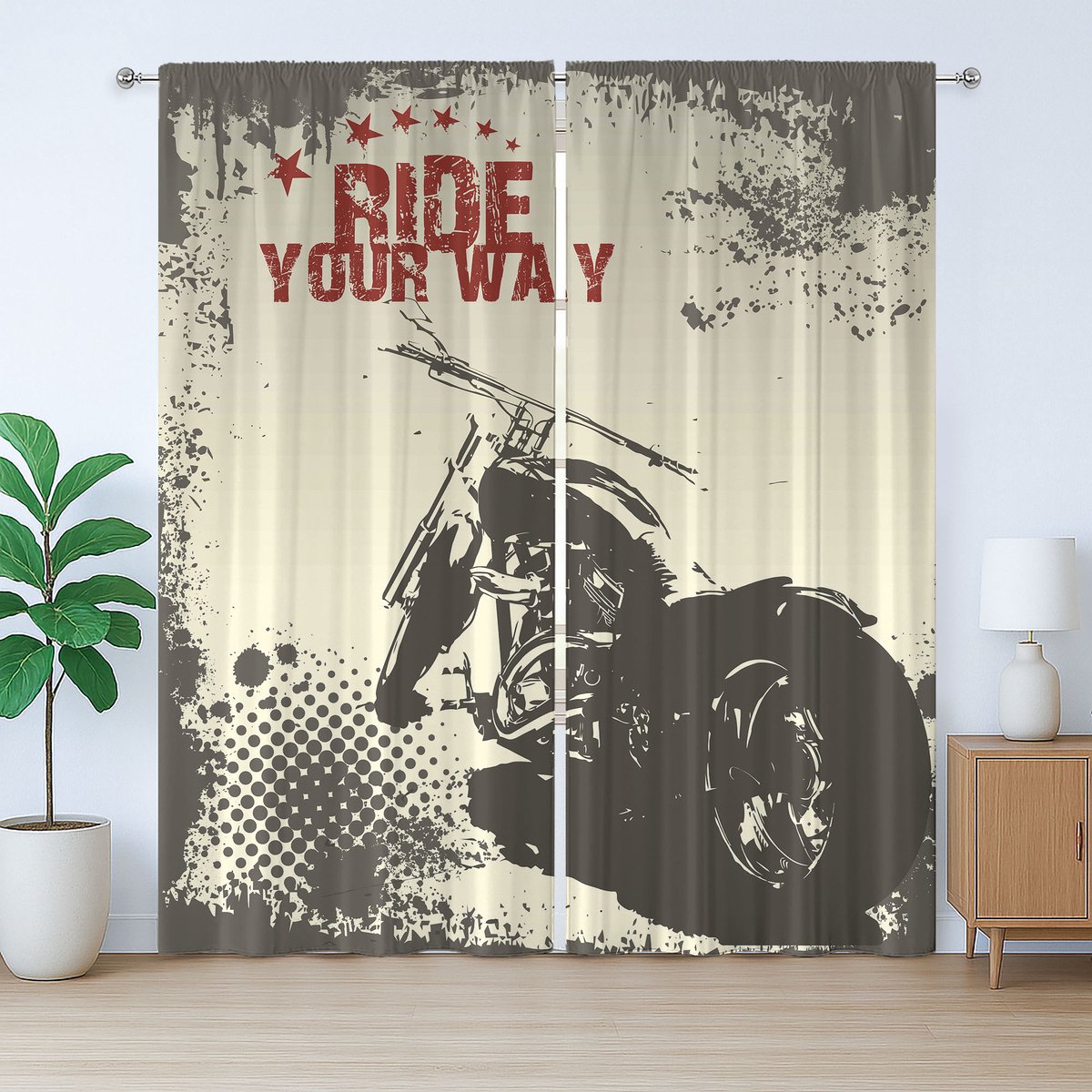 ABAKUHAUS Rustiek grijs gordijn, Motoravontuur, Slaapkamergordijn met geplooide band, lussen en haken, 280 x 175 cm, Antracietgrijs Kastanjebruin
