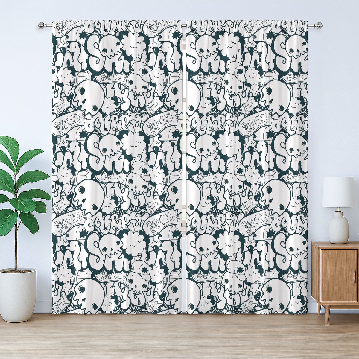 ABAKUHAUS Rustiek gordijn voor tieners, schedel en graffiti, slaapkamergordijn met plooien, lussen en haken, 280 x 260 cm, antracietgrijs wit