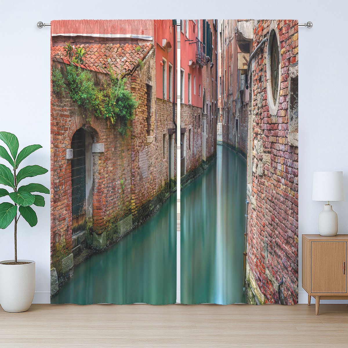 ABAKUHAUS Venetië Rustiek Gordijn, Schilderachtig Kanaalgebouw, Gordijn met Plooiing, Lusjes en Haken, 280 x 245 cm, Jadegroen Donker Koraal