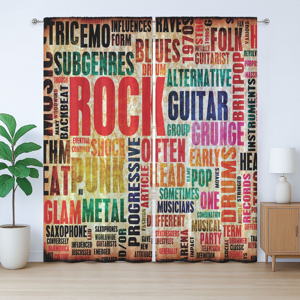 ABAKUHAUS Muziek Rustiek Gordijn, Rock 'n' Roll Poster, Slaapkamergordijn met Plooiing, Lusjes en Haken, 280 x 245 cm, Roodbeige